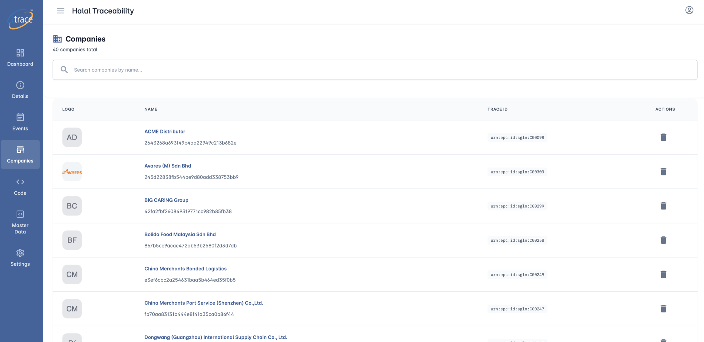 iTRACE Companies screen showing 40 companies, each with a logo or initials, name, internal ID and an SGLN trace ID.